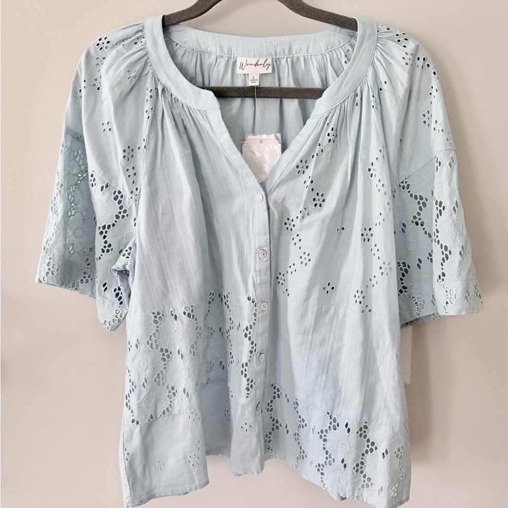 Wonderly Pale Blue Eyelet Button-Front Blouse